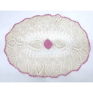 Vintage Handmade Crochet Doily 19x14 Oval Ivory Pink Floral Lace